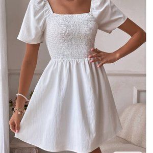 Square Neck A-Line Shirred Ruffle Hem Dress